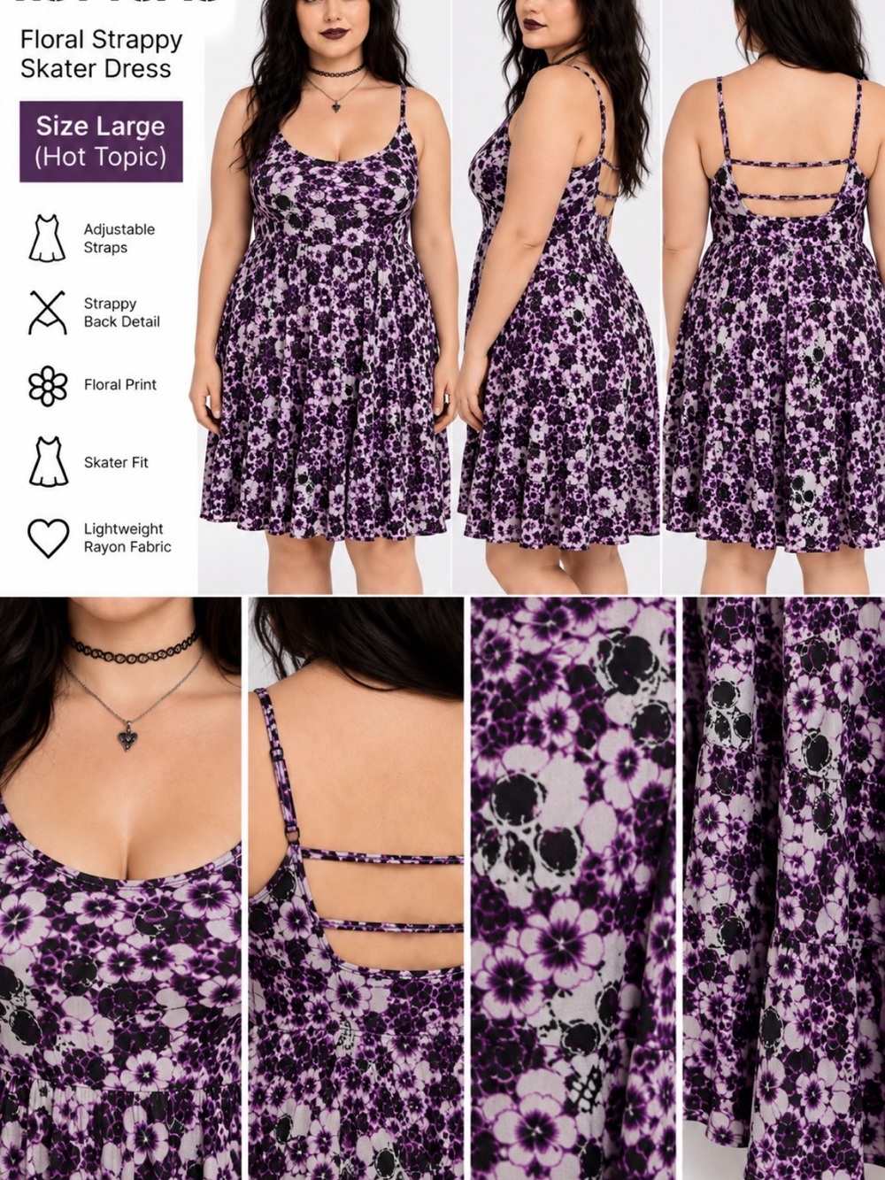 Hot Topic Black and Purple Floral Spaghetti-Strap Mini Dress